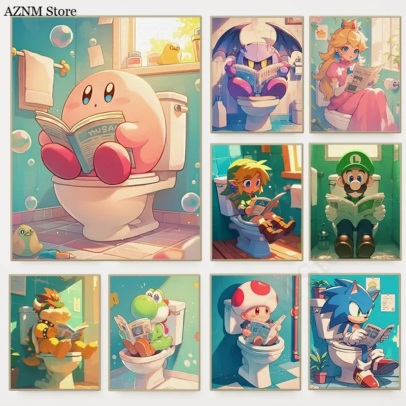 Home Bathroom Wall Art - Lustiges Badezimmer-Cartoon-Videospiel-Poster, niedliche animierte Charaktere, Toiletten-Leinwandgemälde,