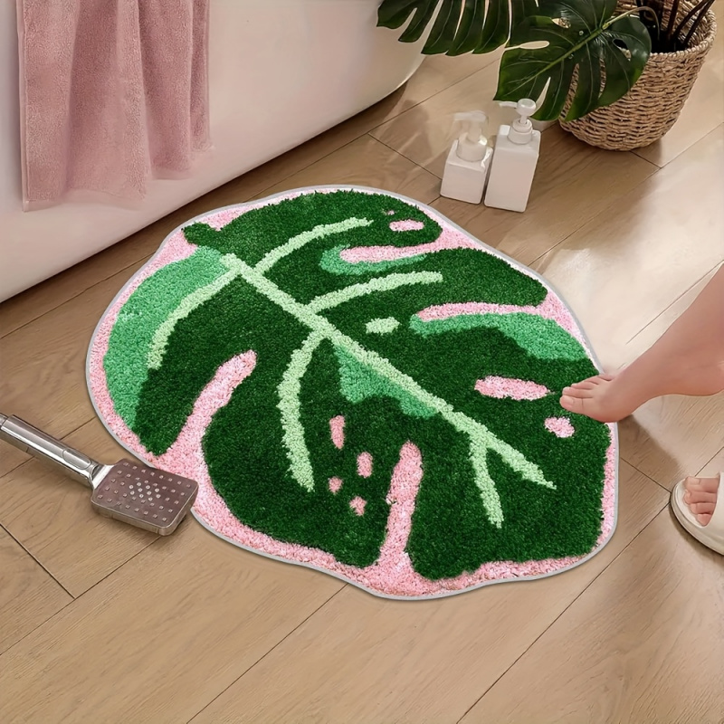 Zara Home Bathroom Rug - VIKAMA Rosa Plüschteppich mit tropischen Blättern,